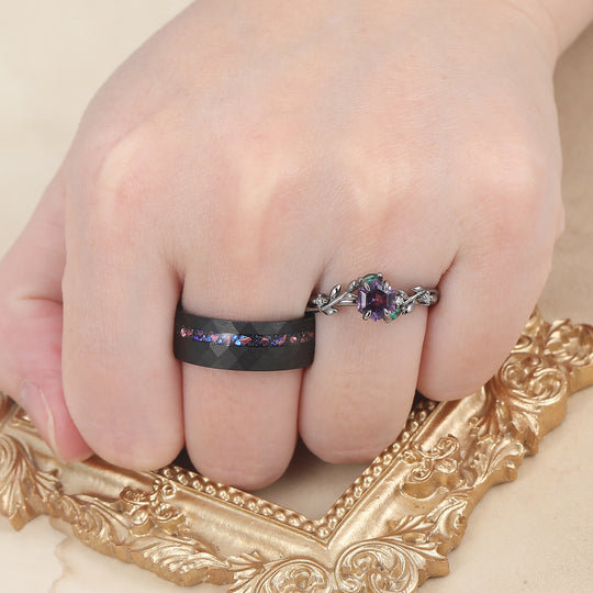 Wheat Shank Natural Amethyst Engagement Couple Rings 925 Sterling Silver And Black Tungsten Matching Ring