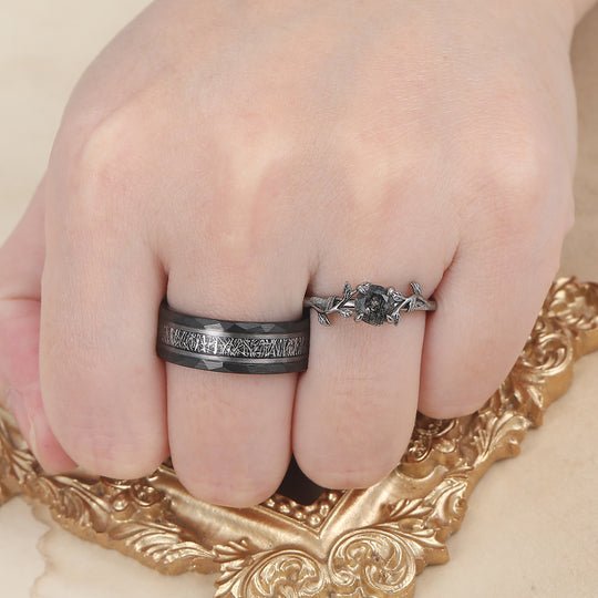 Unique Black Rutilated Quartz Leaf Streak Engagement Couple Rings Matching Promise His And Hers Wedding Band -  Esdomera.com