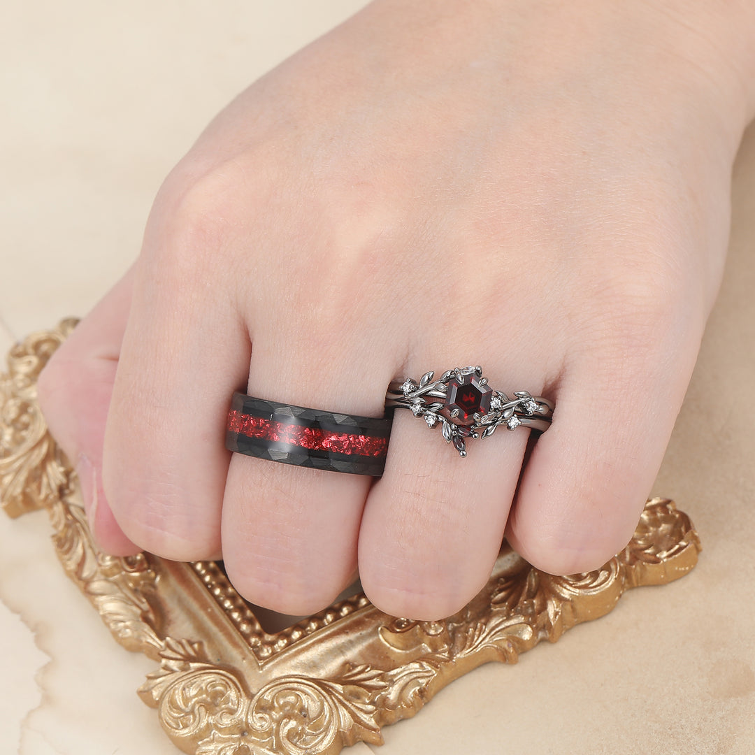 Conjunto de Anillos para Pareja de Granate Rojo Inspirado en la Naturaleza Estilo Hoja Rojo y Negro Juego de 3 Piezas de Anillos de Boda para Él y Ella