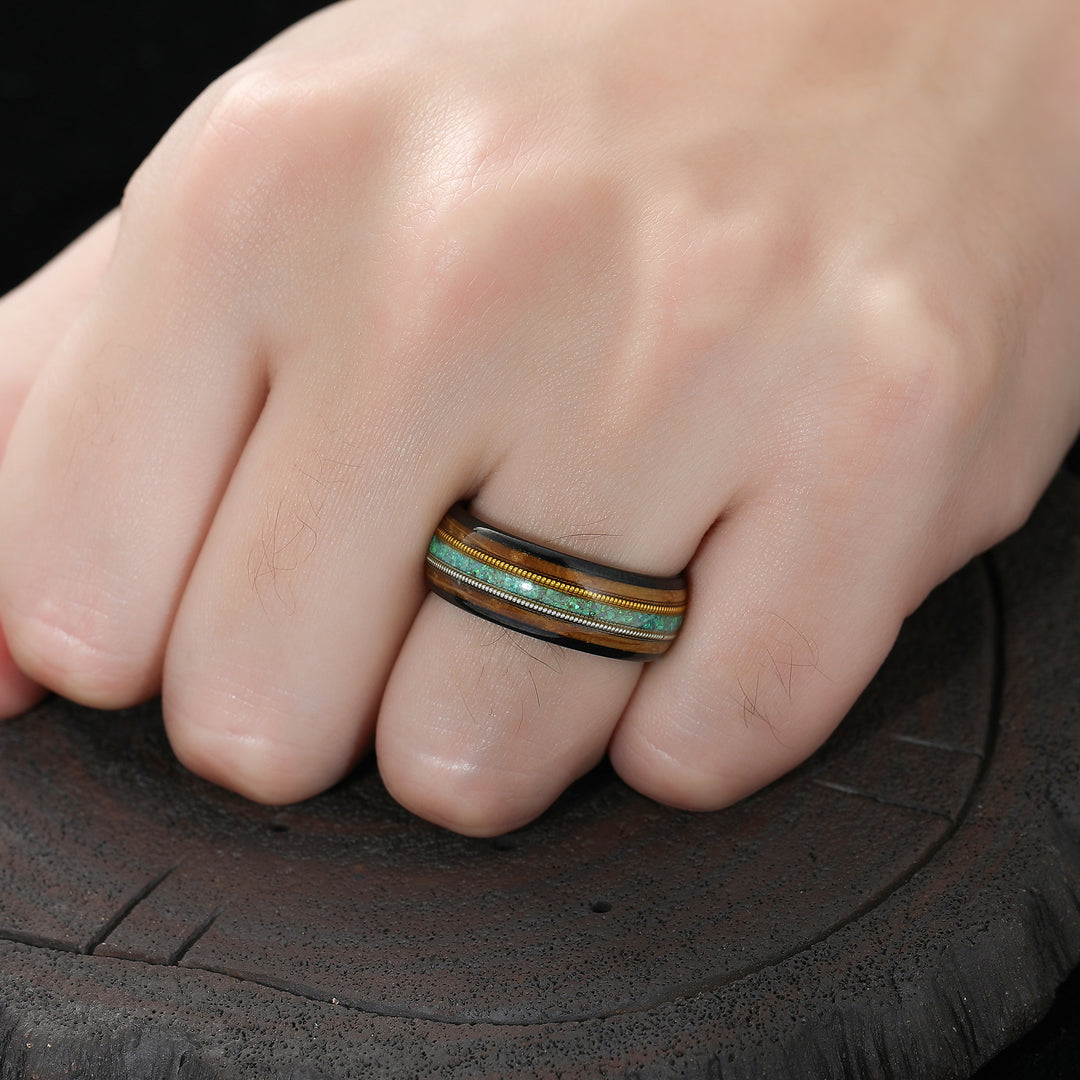 Green Opal Ring Guitar String Whiskey Barrel Mens Tungsten Wood Inlay Promise Men Ring Gift