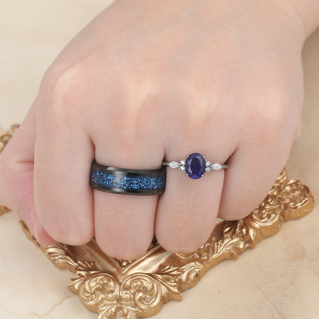 Anello da coppia vintage ovale in arenaria galassia, fascia nuziale nera in tungsteno per lui e per lei