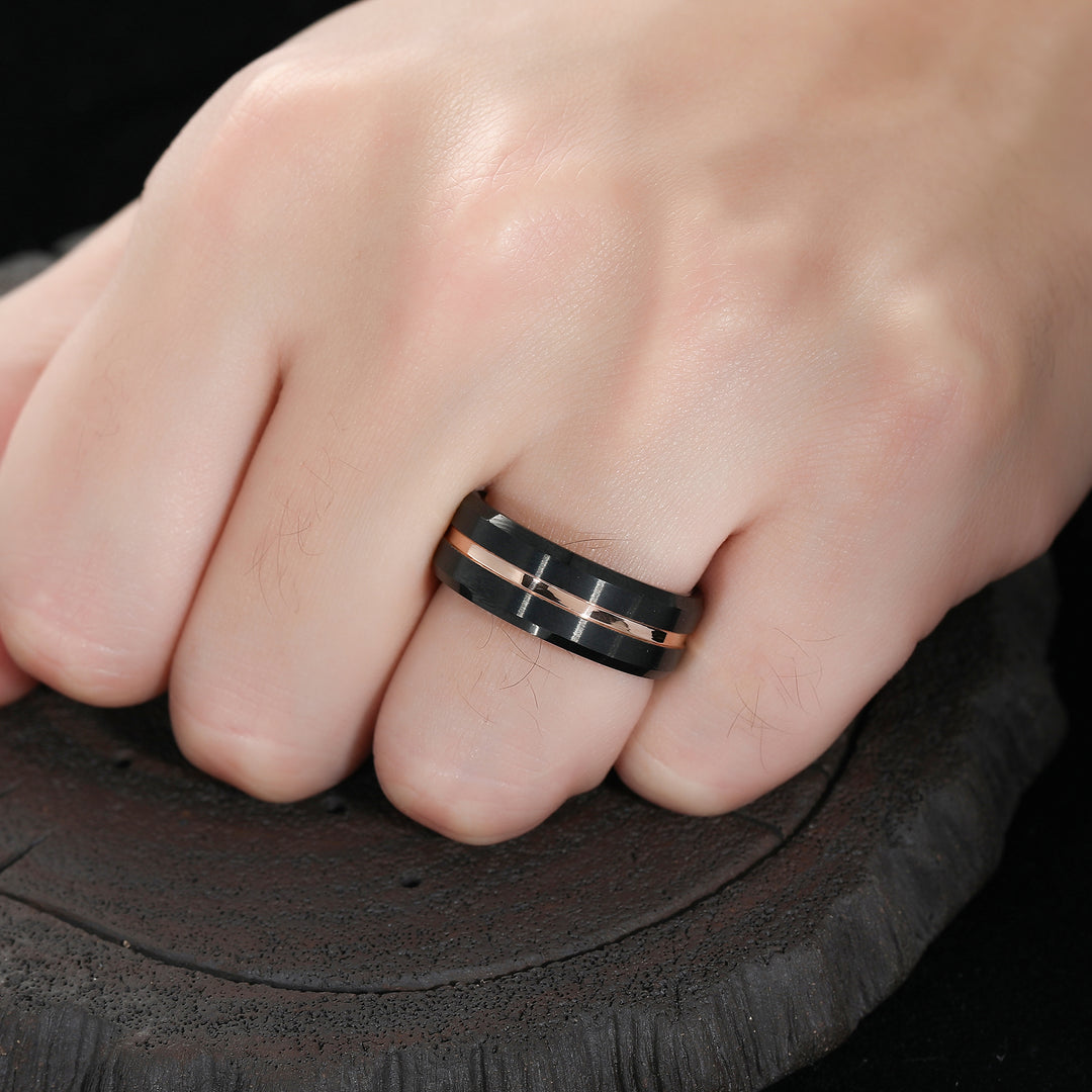 Simple 8mm Black and Rose Gold Tungsten Ring Unisex Ring Gift