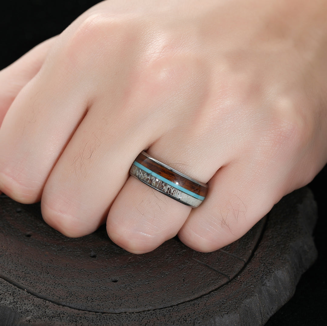 Deer Antler Hawaiian Koa Wood Turquoise Tungsten Wedding Band Tungsten Carbide Ring Men’s Anniversary Ring Unisex Ring Gift