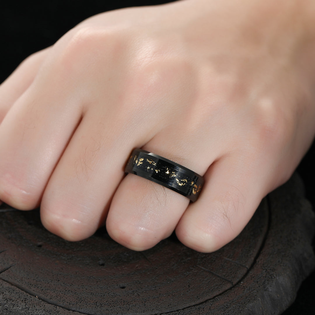 Crushed 18K Gold Leaf Man Black Tungsten Wedding Ring 8mm Polished Anniversary Promise Inlay Ring