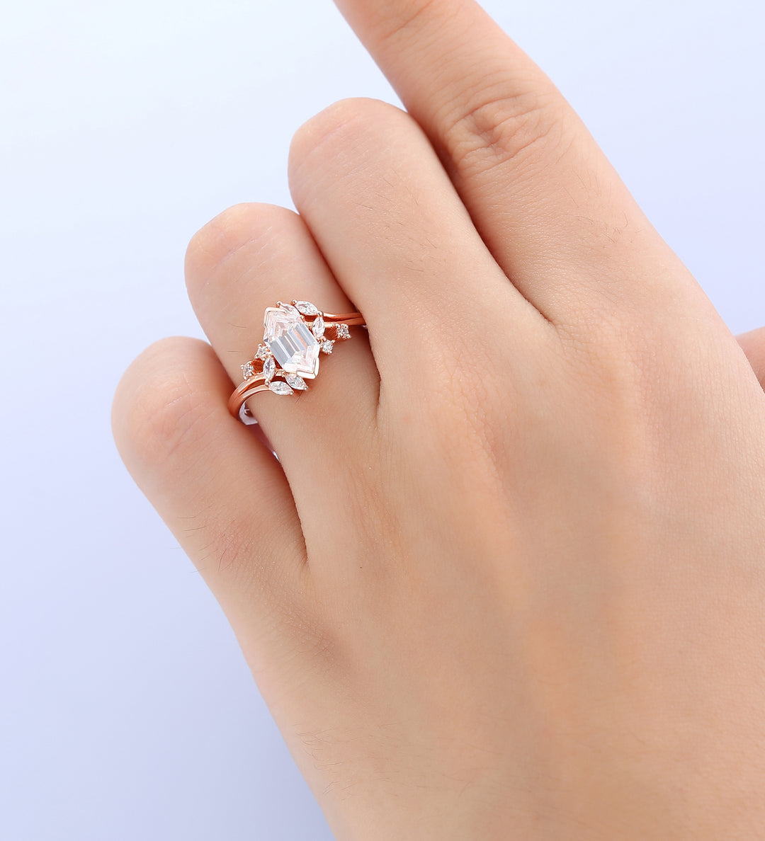 Noble Petal Long Hexagon Cut Moissanite Engagement Ring For Bridal Ring For Anniversary Gift