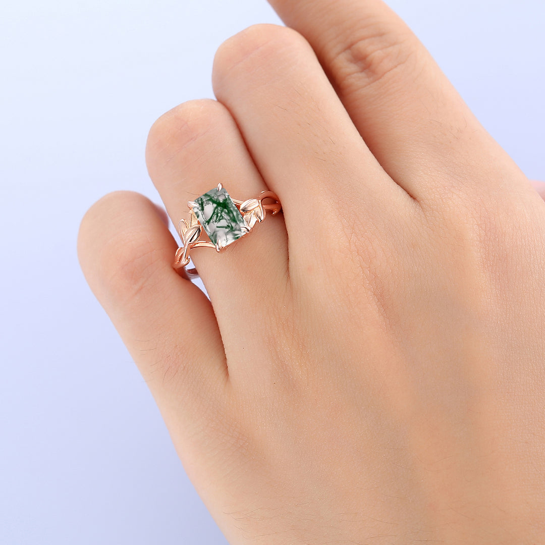 Half Eternity Leaf Vine Design 2.5 Carat Emerald Cut Moss Agate Engagement Ring