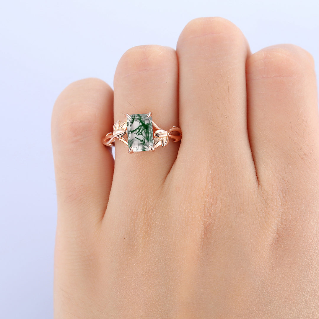 Half Eternity Leaf Vine Design 2.5 Carat Emerald Cut Moss Agate Engagement Ring