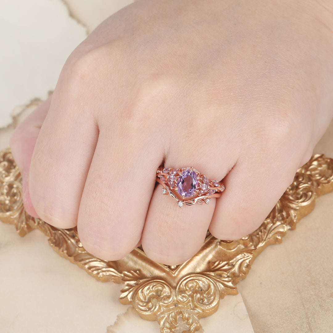 Ethereal 1.5CT Oval Amethyst Engagement Ring Set 2pcs Twig Design Marriage Ring Set For Her