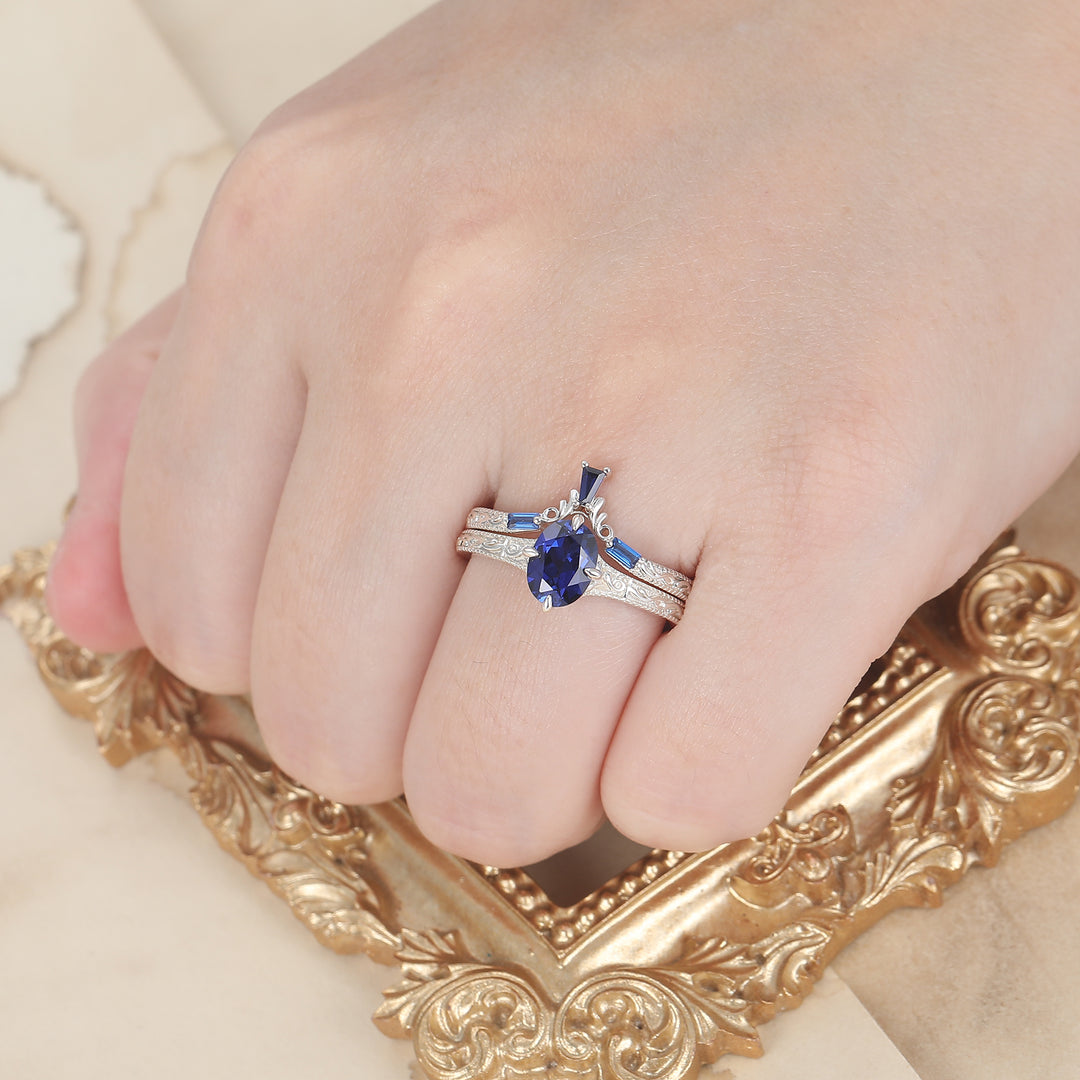 14k Oval Blue Sapphire Ring with Baguette Accents with Filigree Band Engagement Ring
