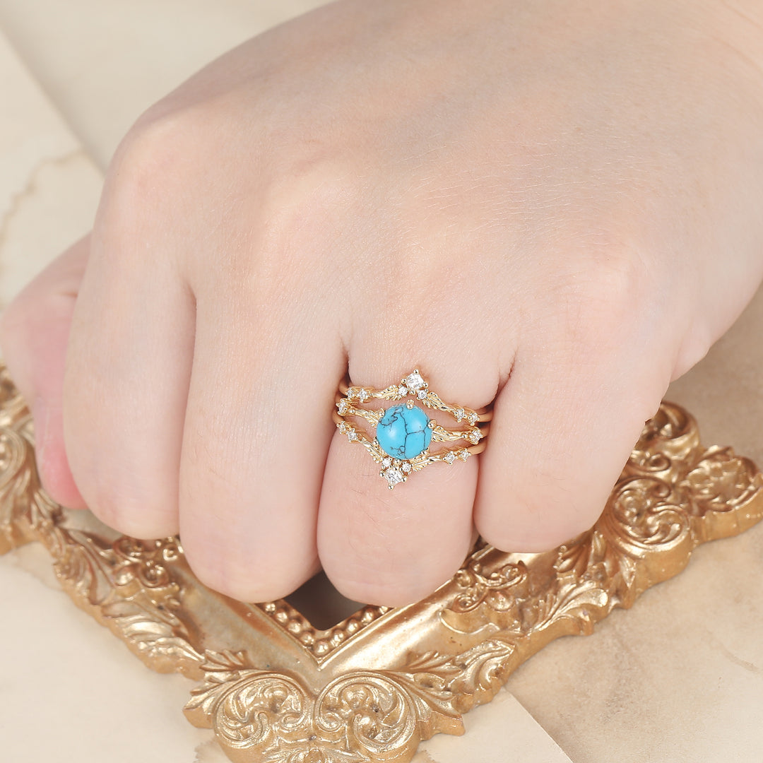 Fijn Bladontwerp Turquoise Bruiloft Jubileum Ringenset Antieke Ring Voor Dames