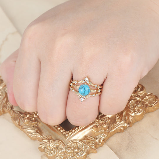 Fijn Bladontwerp Turquoise Bruiloft Jubileum Ringenset Antieke Ring Voor Dames