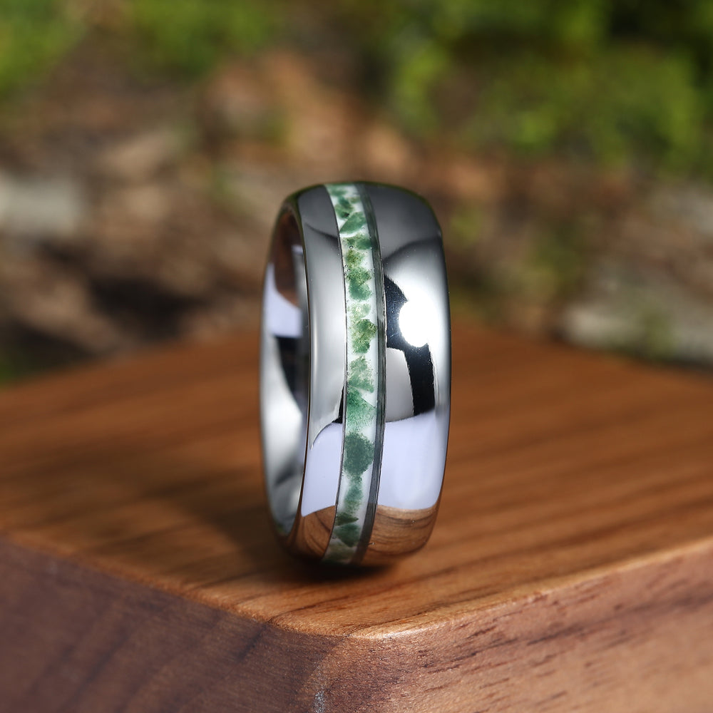 Unisex Moss Agate White Gold Polish Tungsten Eco-Friendly Moss Agate Gold Silver Black Men Women Promise Wedding Ring