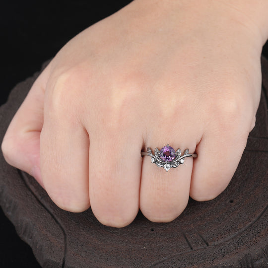 Prongs Setting Round Amethyst Branches Engagement Couple Rings Unique Promise Purple Anniversary Band -  Esdomera.com