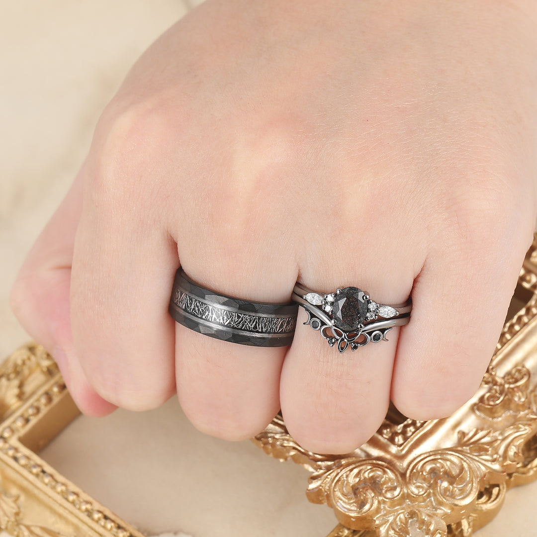 Vintage Oval Natural Black Rutilated Quartz Couple Ring Set Black Plated His And Hers Rings