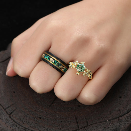 Hexagon Cut Moss Agate Green Emerald  Opal Gold Leaf Couples Ring Set  His and Hers Leaf Wedding Band