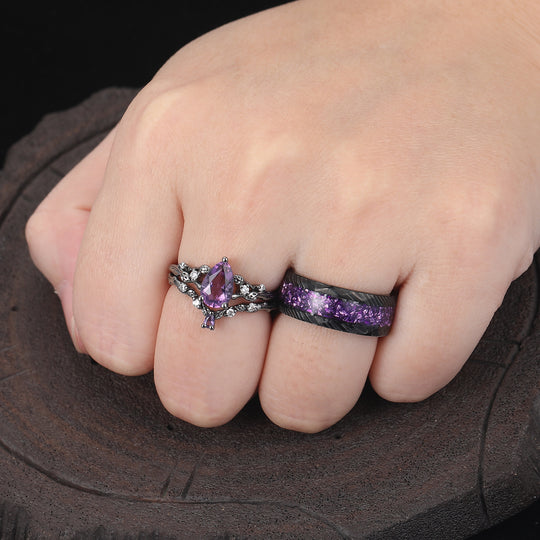 Personalized Pear Cut Purple Amethyst Matching Ring Set Twig Leaf Shape Amethyst Couples Ring