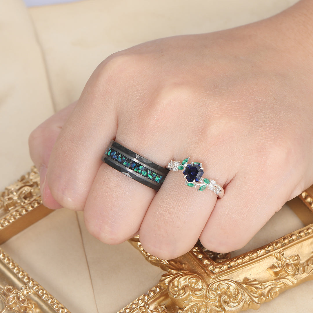 Leaf Inspired Hexagon Shape Sapphire Couple Rings Unique Rings For Men And Women