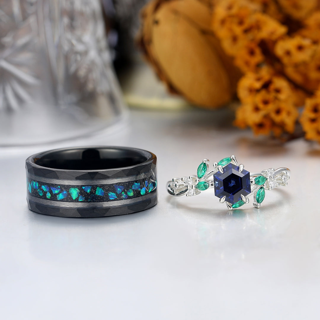 Leaf Inspired Hexagon Shape Sapphire Couple Rings Unique Rings For Men And Women