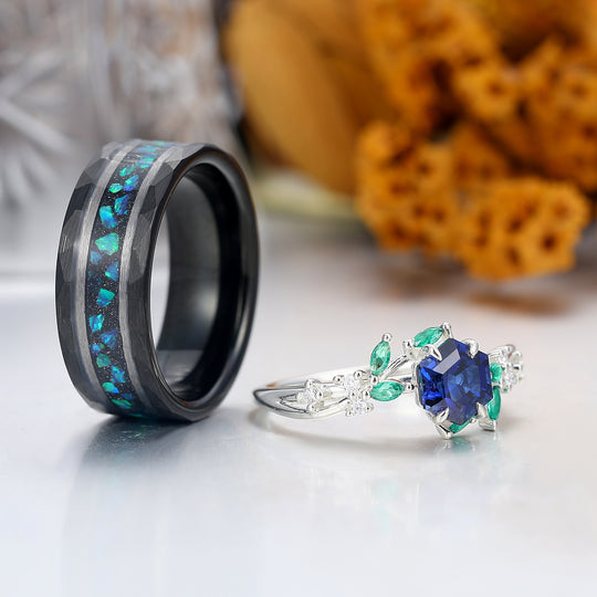 Leaf Inspired Hexagon Shape Sapphire Couple Rings Unique Rings For Men And Women