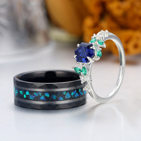 Leaf Inspired Hexagon Shape Sapphire Couple Rings Unique Rings For Men And Women