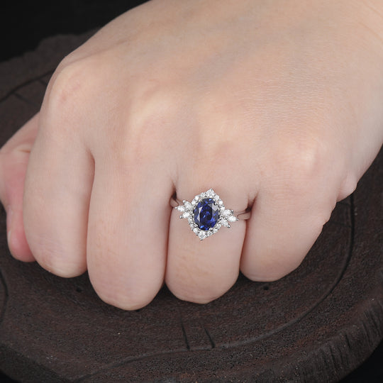 Ovaal geslepen 1.5Carat saffier verlovingsring vintage unieke moissaniet trouw- en beloftering