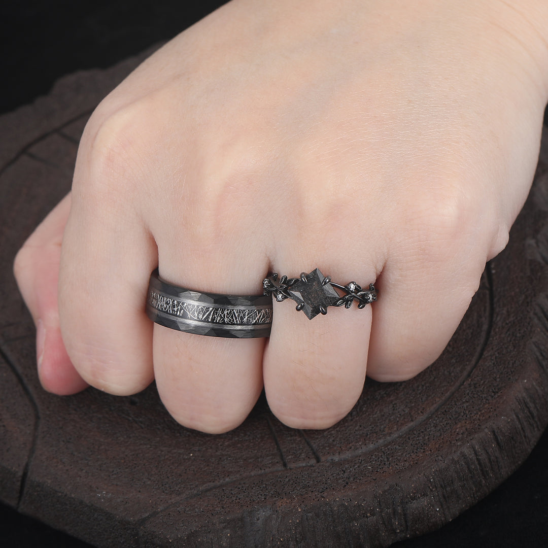 Branch Design Black Rutilated Quartz His And Hers Wedding Band Matching Hammered Tungsten Couple Rings -  Esdomera.com