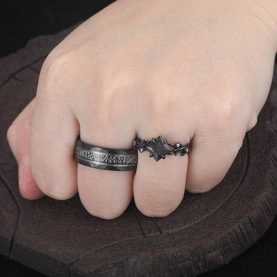 Branch Design Black Rutilated Quartz His And Hers Wedding Band Matching Hammered Tungsten Couple Rings -  Esdomera.com