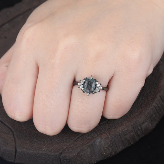 Bague en Agate Mousse Taille Émeraude 2CT Agate Mousse Or Rose Bague de Fiançailles Unique avec Halo Floral