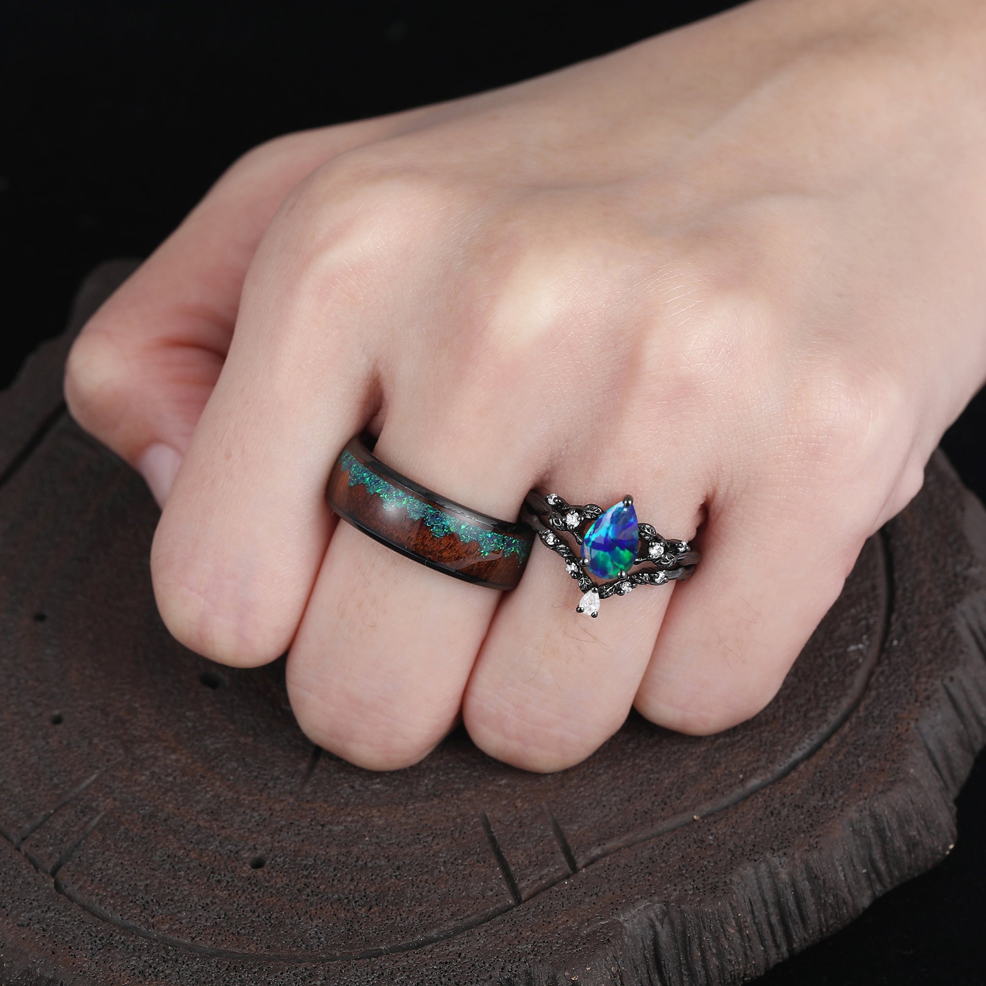 Personalized Peacock Green Opal Twig Engagement Couple Rings Set