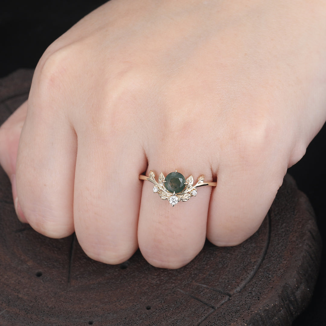 Antique 14k Rose Gold Round Cut Art Deco Leaf Design Natural Moss Agate Engagement Ring