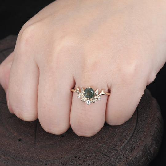 Antique 14k Rose Gold Round Cut Art Deco Leaf Design Natural Moss Agate Engagement Ring