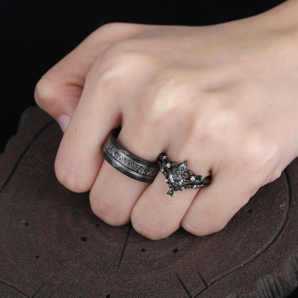 Stylish Black Rutilated Quartz Leaves Engagement Couple Rings Set Uniq