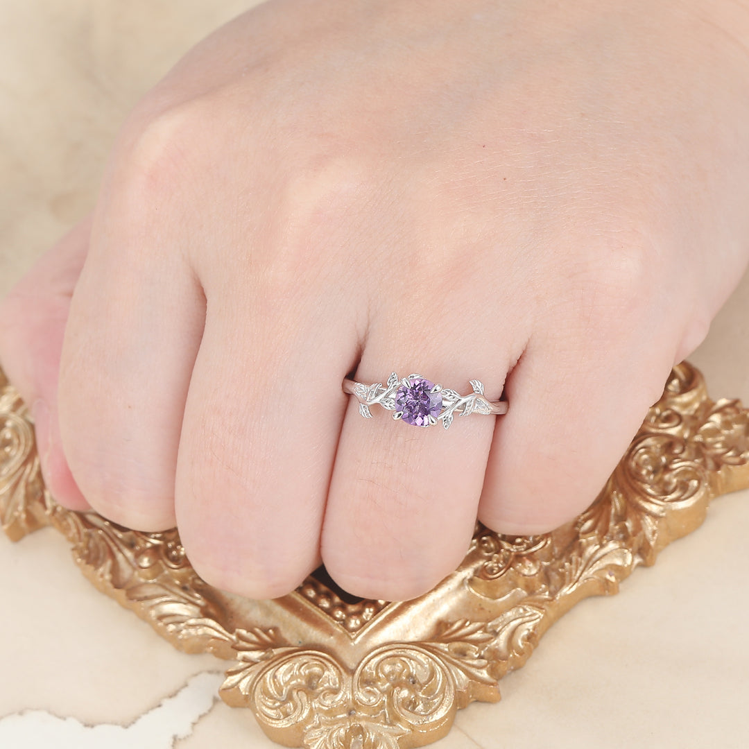 Nature Inspired Leaf Branch Amethyst Bridal Ring Hexagon Cut Amethyst Engagement Ring