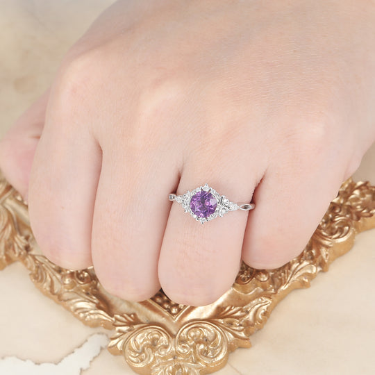 14K Vintage Floral Halo Natural Amethyst Round Cut Yellow Gold Engagement Ring Filigree Ring