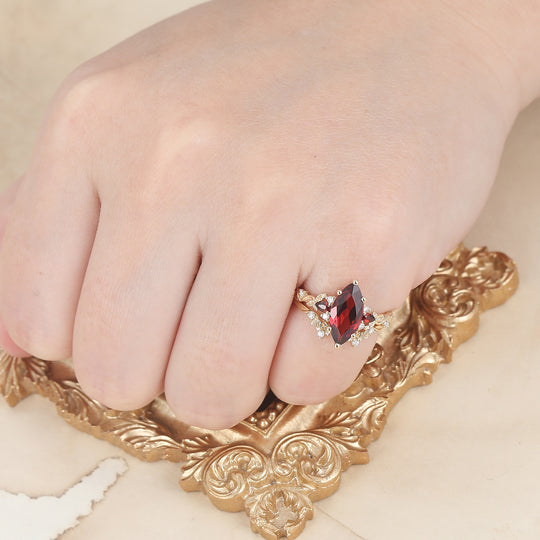 Brilliant Sprig Marquise Red Garnet Engagement Ring Set 2pcs Botanical Ring Set