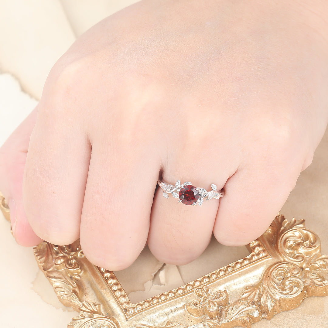 Nature Inspired Leaf Branch Red Garnet Bridal Ring Round Cut Engagement Ring