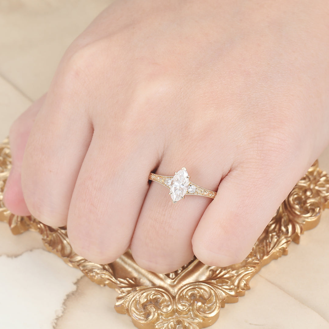 Vintage Marquise Cut Moissanite Filigree Bridal Ring Three-stone Setting Yellow Gold Tone Ring