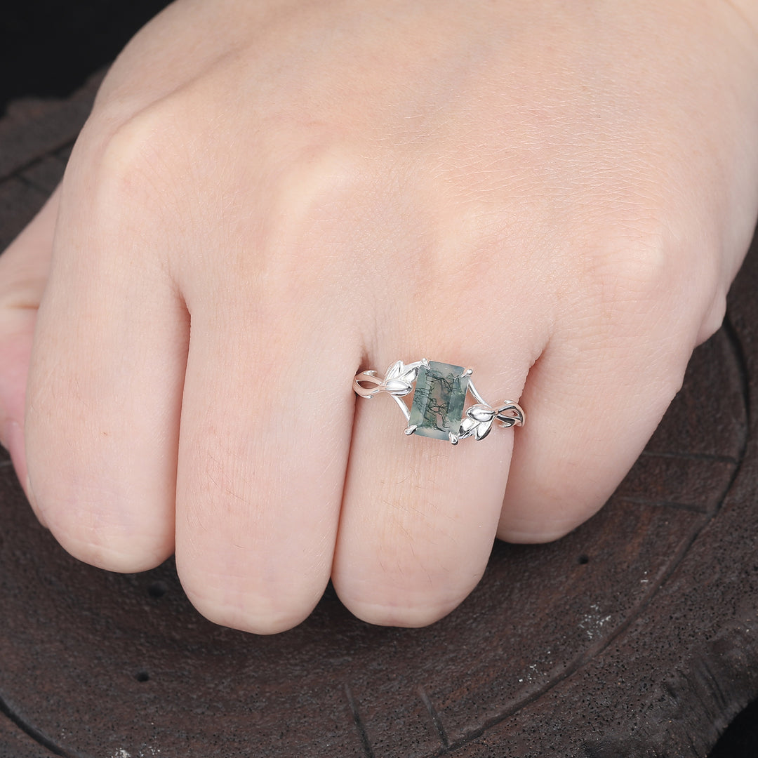 Half Eternity Leaf Vine Design 2.5 Carat Emerald Cut Moss Agate Engagement Ring