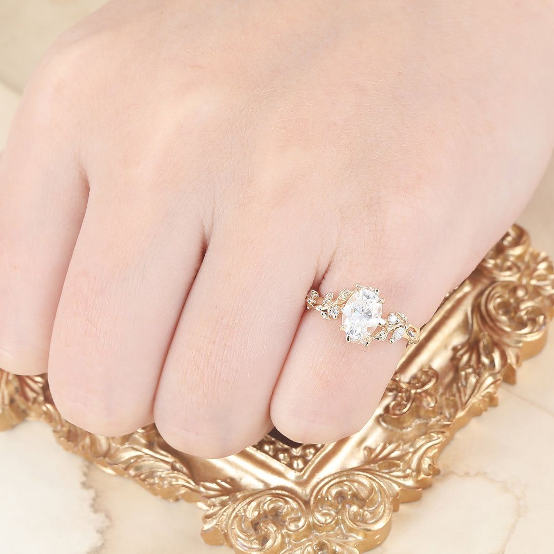 Artsy ovale slijpvorm 1.5CT moissaniet verlovingsring in bladstijl, bridal- en jubileumring