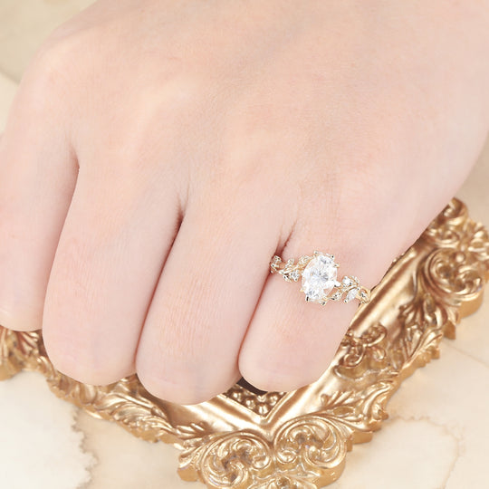 Artsy ovale slijpvorm 1.5CT moissaniet verlovingsring in bladstijl, bridal- en jubileumring