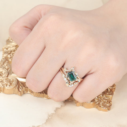 Vintage Bezel Set Emerald Cut Natural Leaf Vines Emerald Ring Set Leaf Design Band