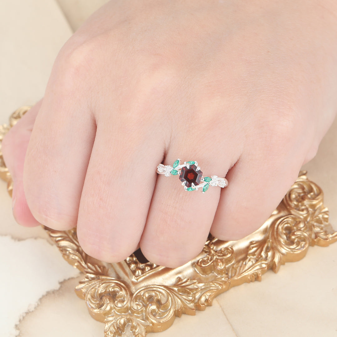 Nature-Inspired Hexagon Nature Red Garnet with Green Emerald Leaf Ring S925 Ring Available in1 0k/14k/18K Gold