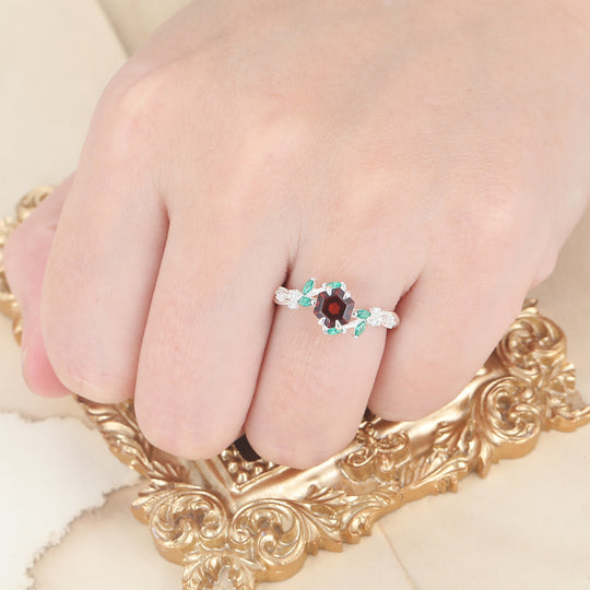 Nature-Inspired Hexagon Nature Red Garnet with Green Emerald Leaf Ring S925 Ring Available in1 0k/14k/18K Gold