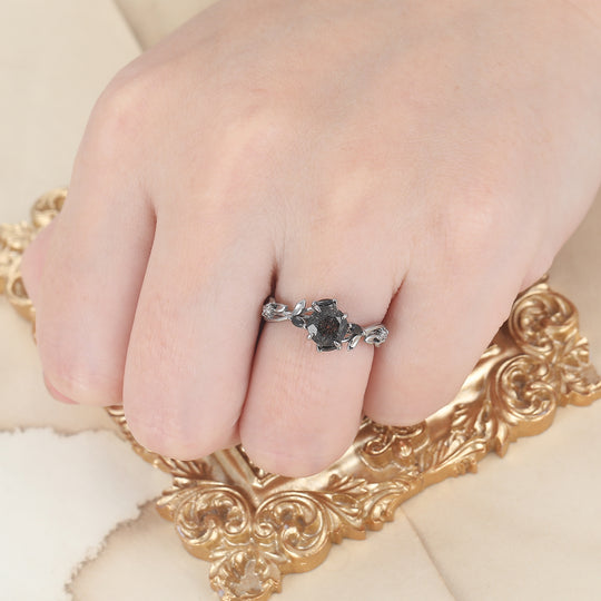 Leaf-inspired 1CT Round Black Rutilated Quartz Engagement Ring S925 Black Plated Women's Ring