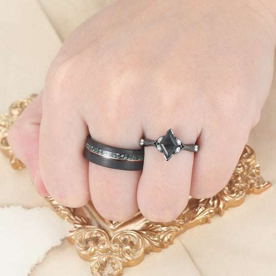 Bague de fiançailles pour couples assortie en agate mousse naturelle Art déco, anneau de promesse de mariage en tungstène avec pierre précieuse verte