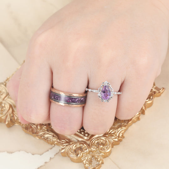 Ethereal Scrollwork Pear Natural Amethyst Couple Rings S925 And Tungsten Matching Rings