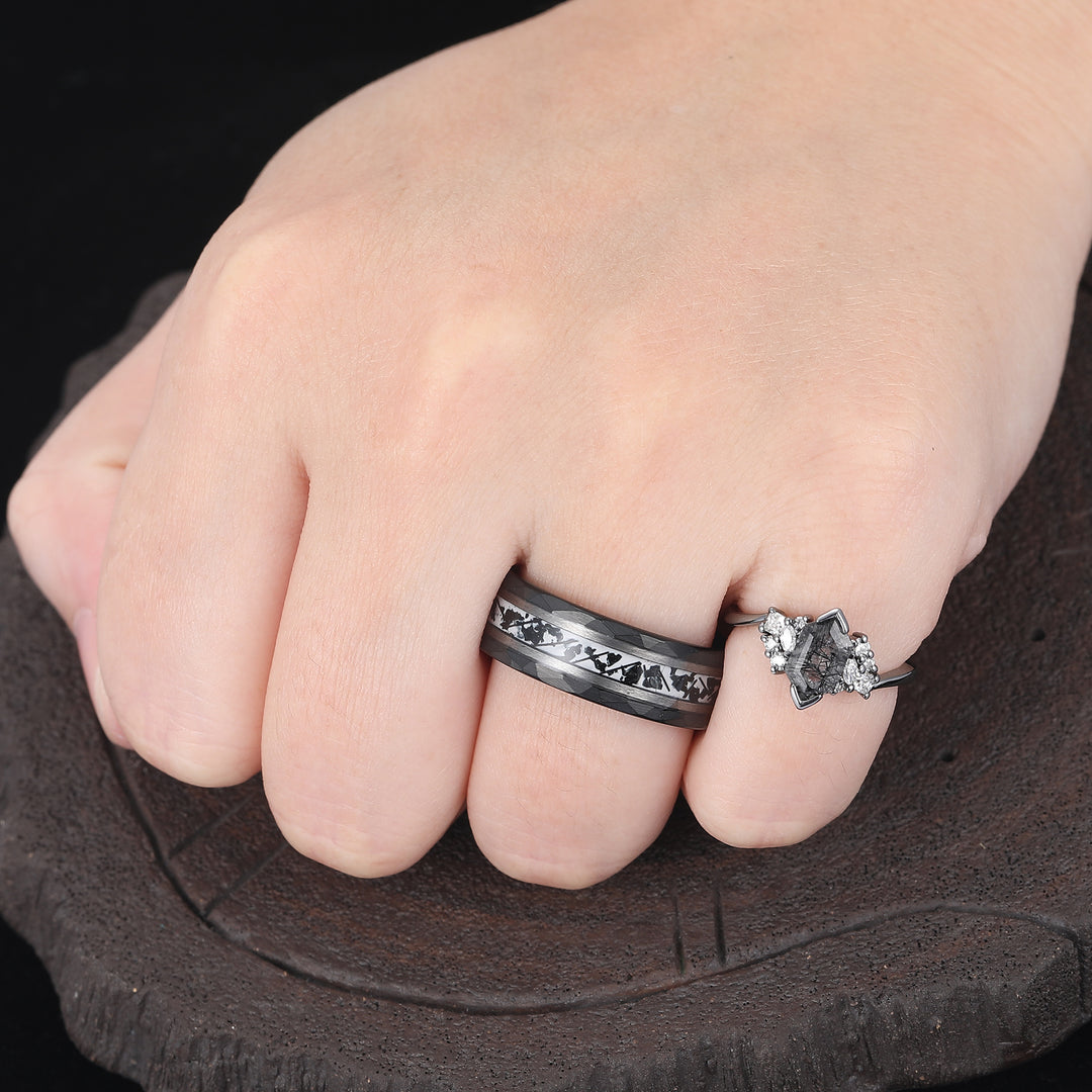 Stylish Black Rutilated Quartz Accents Engagement Couples Ring Set His And Hers Tungsten Wedding Bands -  Esdomera.com