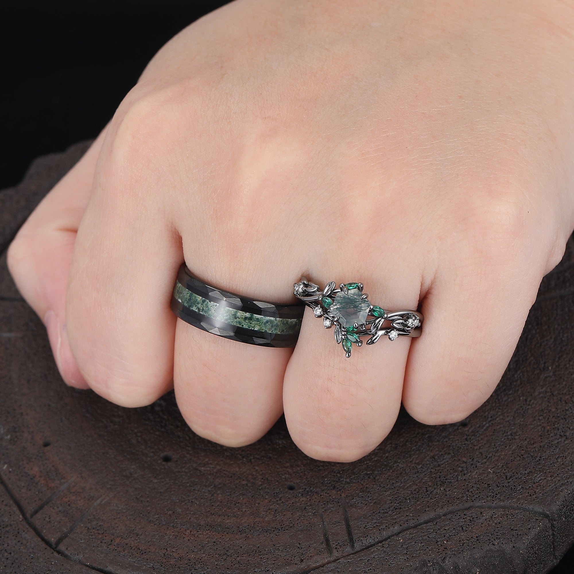 Exquisite Moss Agate Sprigs Engagement Couple Rings Set Promise