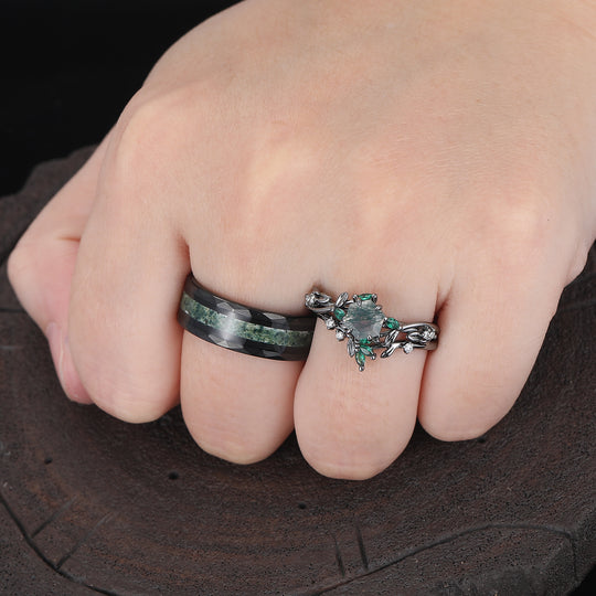 Exquisite Moss Agate Sprigs Engagement Couple Rings Set Promise Green Tungsten Matching Wedding Rings