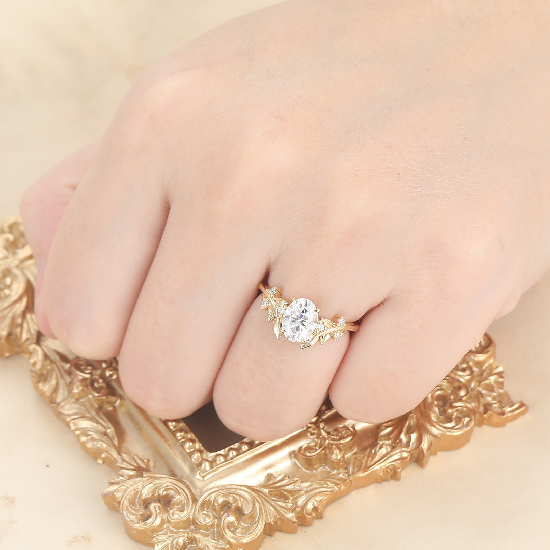 1.50CT Oval Cut Moissanite Natrue Inspired Moissanite Leaf Design Ring
